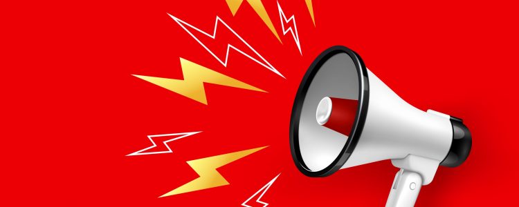 Loudspeaker and megaphone with lightings on red background realistic vector illustration